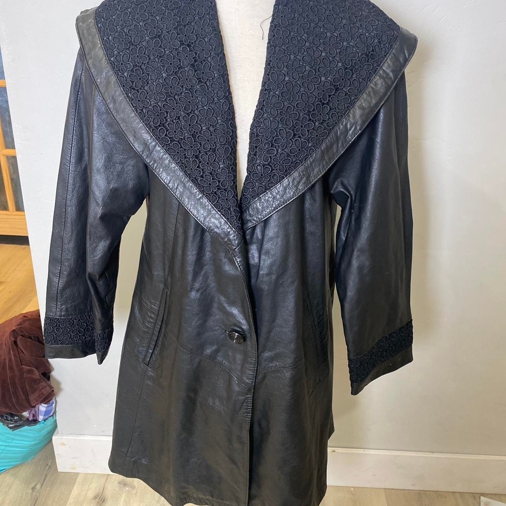 90s Black Genuine Leather Duster Coat Statement Lace Collar & Cuffs Soft Medium